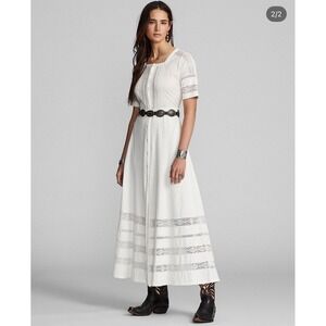 RRL Ralph Lauren Lace Trim Linen-Cotton Jersey Maxi Dress White Boho size 3 NEW